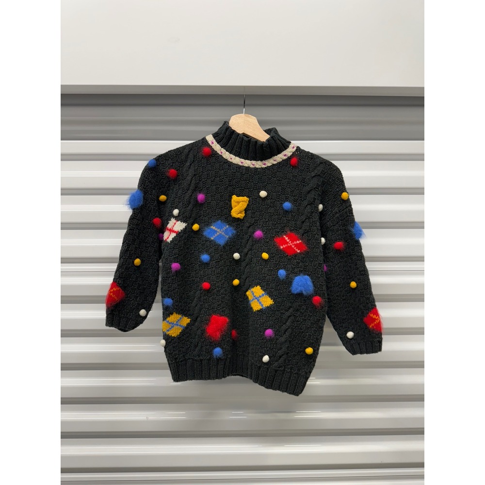 Jennifer Reed Hand Knitted‎ Pom Pom Sweater Black Mock Neck Vintage Womens Small